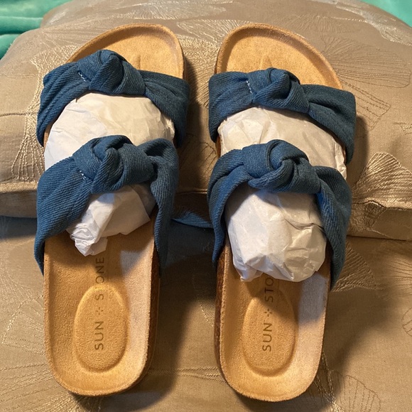 Sun + Stone Denim Sandals 8M women’s slides “Astridd” Denim - Picture 7 of 11
